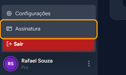 Menu do perfil aberto com a opção "Assinatura" em destaque