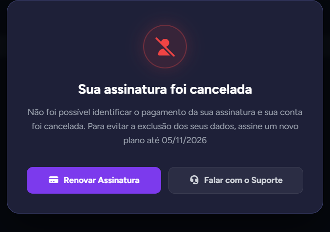 Aviso "Sua assinatura foi cancelada" com a data limite e o botão "Renovar Assinatura"