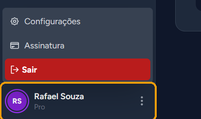 Rodapé do menu lateral com o nome do usuário e o plano atual