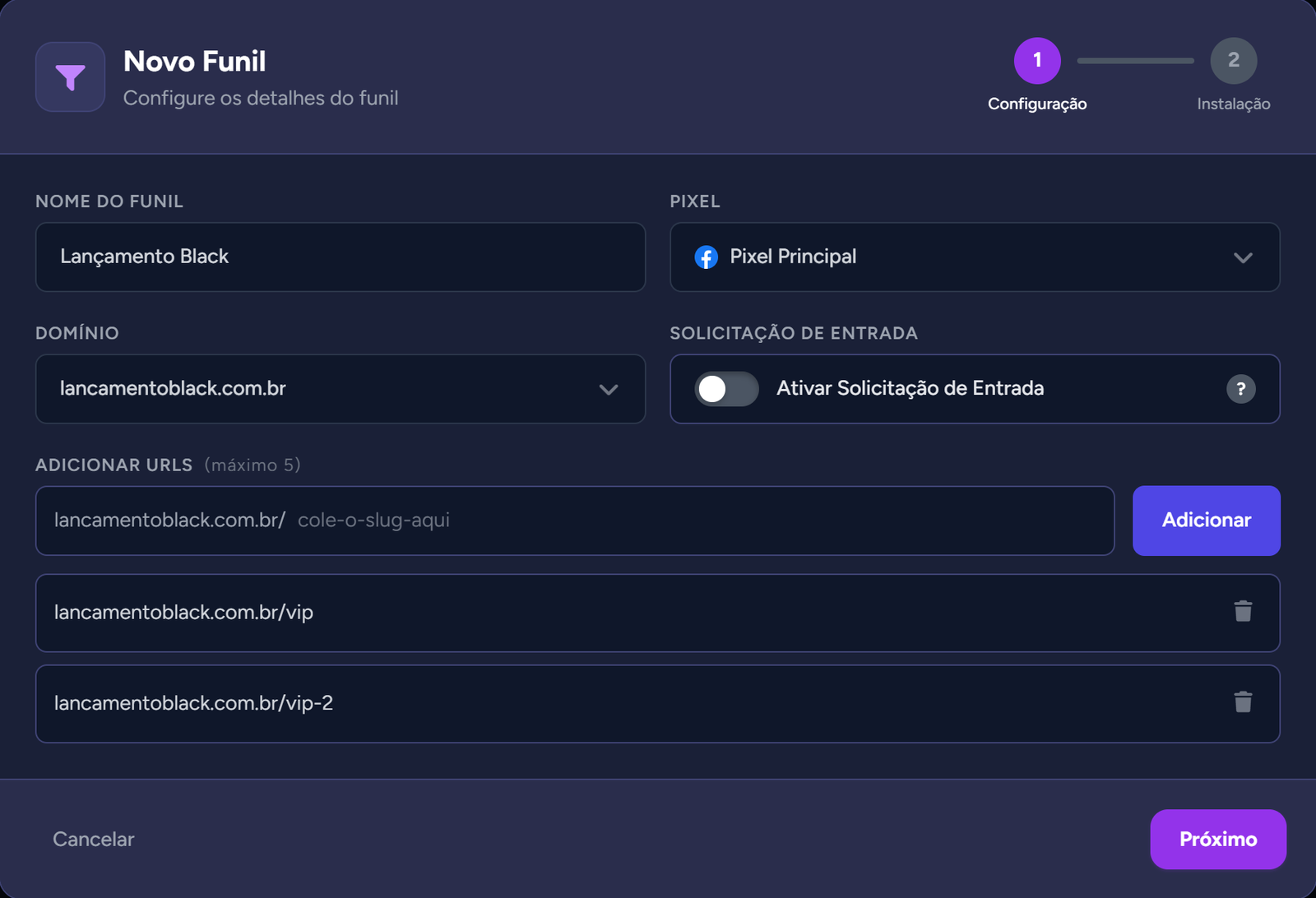 Modal "Novo Funil" com nome, pixel, domínio e duas páginas adicionadas