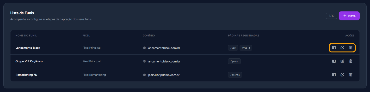 Ações de um funil na "Lista de Funis": ver tutorial, editar e excluir