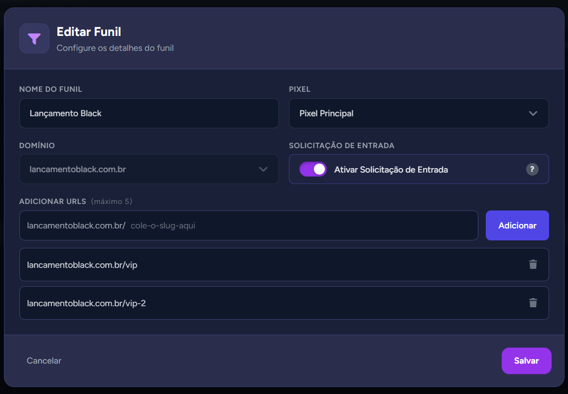 Modal "Editar Funil" com o domínio travado