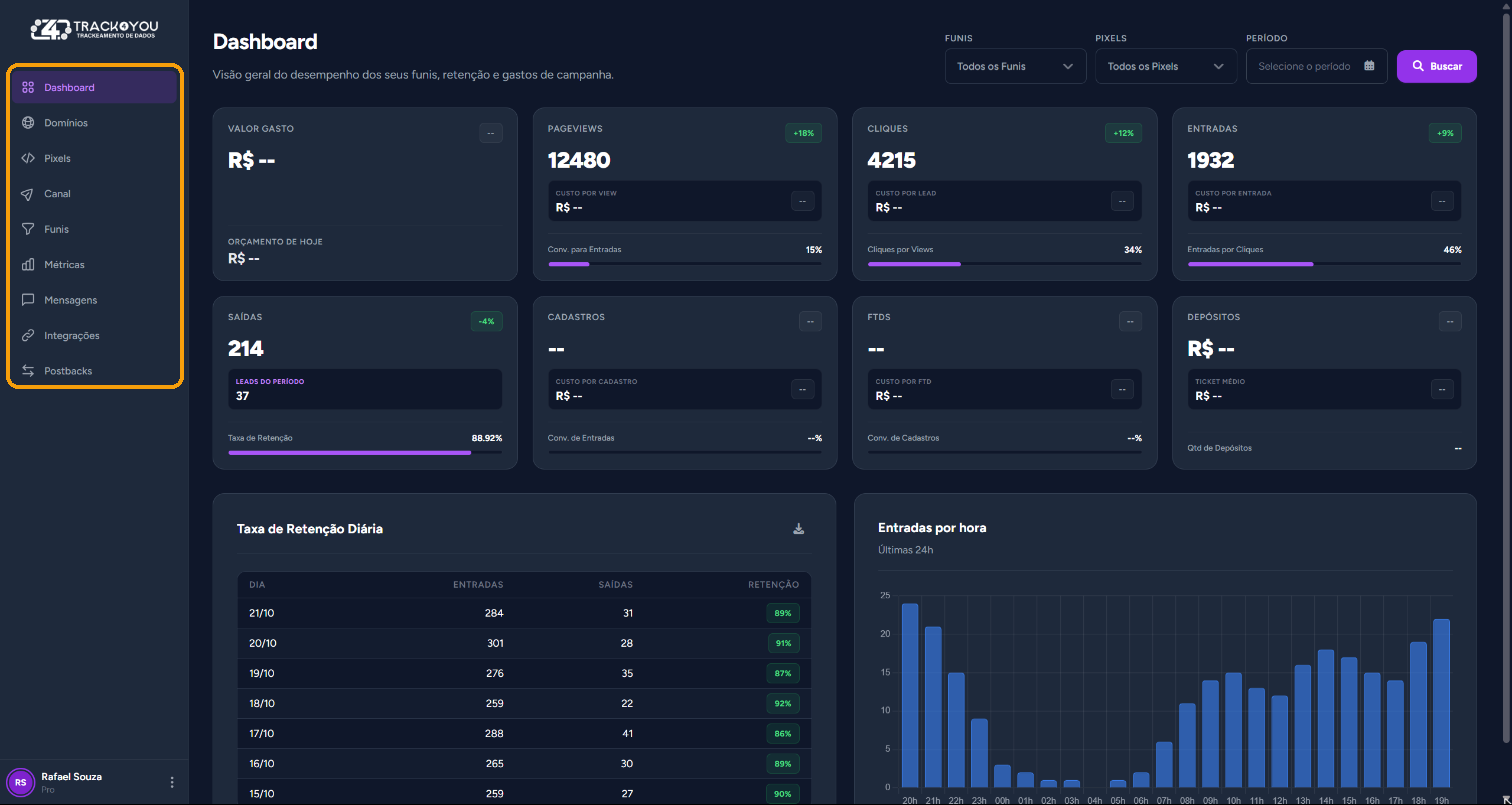 Dashboard com o menu lateral em destaque