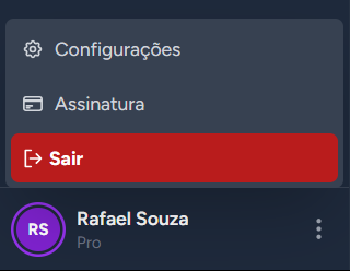 Menu do perfil aberto com Configurações, Assinatura e Sair