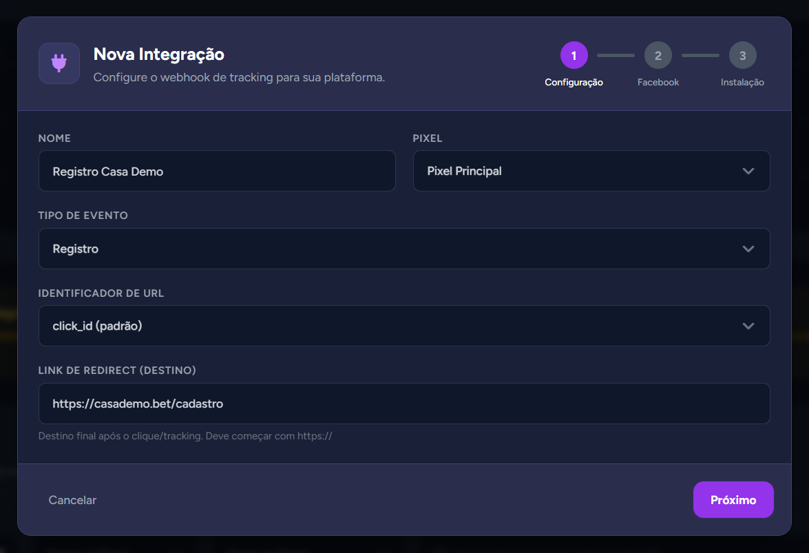 Etapa "Configuração" da Nova Integração
