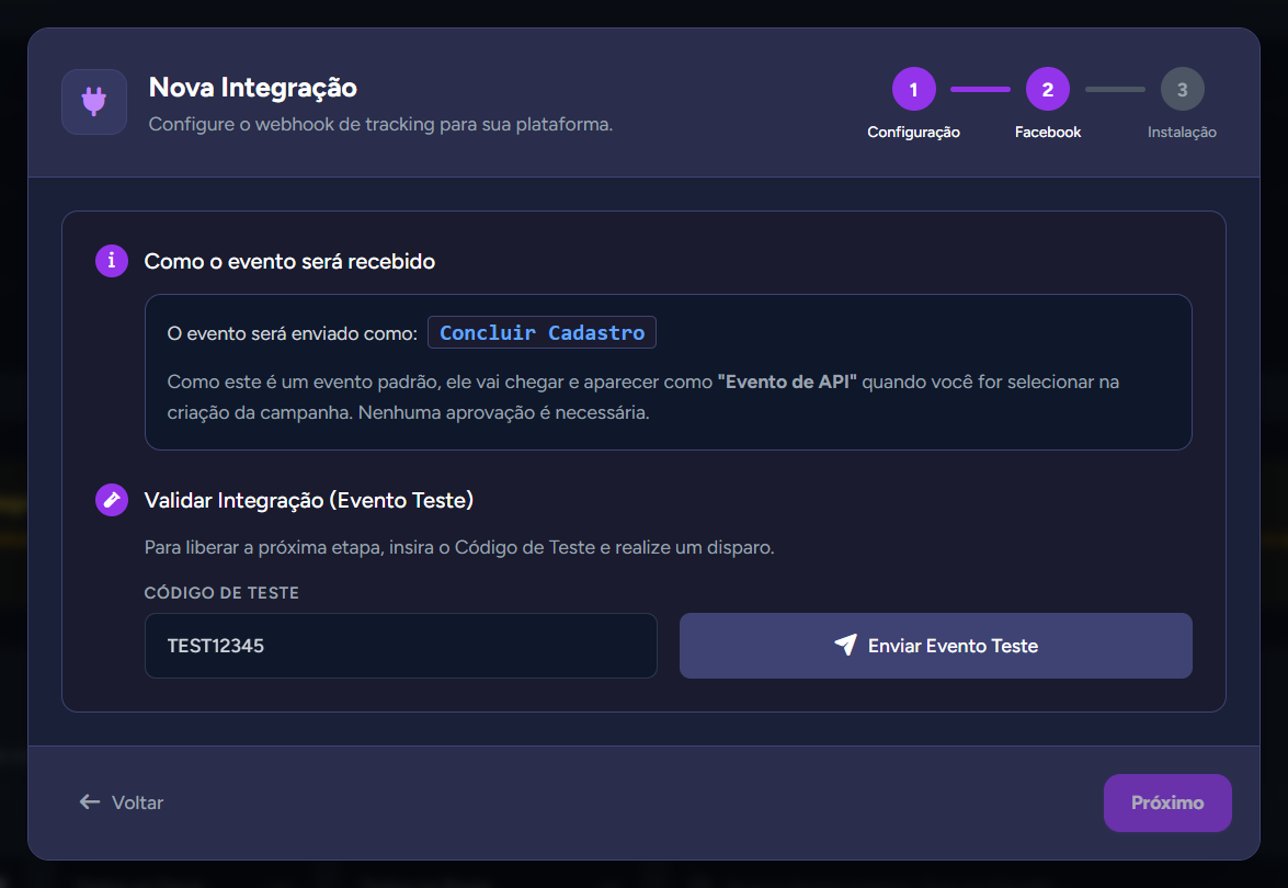 Etapa "Facebook" com o Evento Teste