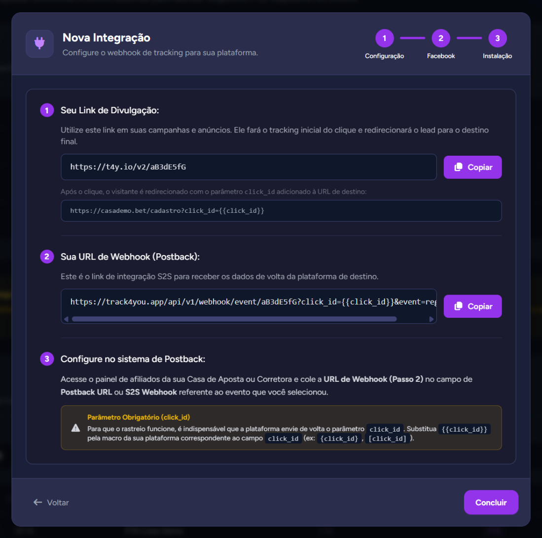 Etapa "Instalação" com o link de divulgação e a URL de postback