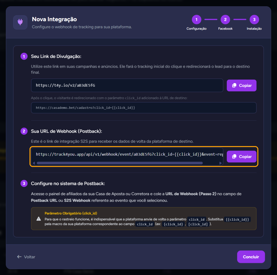 URL de Webhook (Postback) na etapa "Instalação"