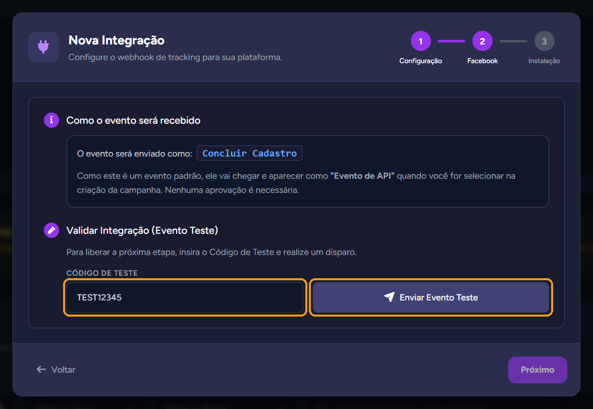 Código de teste e botão "Enviar Evento Teste"