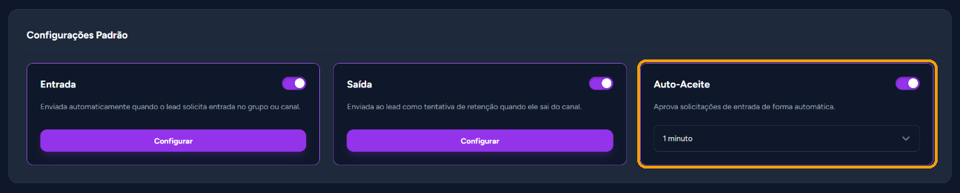 Cartão "Auto-Aceite" ligado, com o tempo de espera de 1 minuto