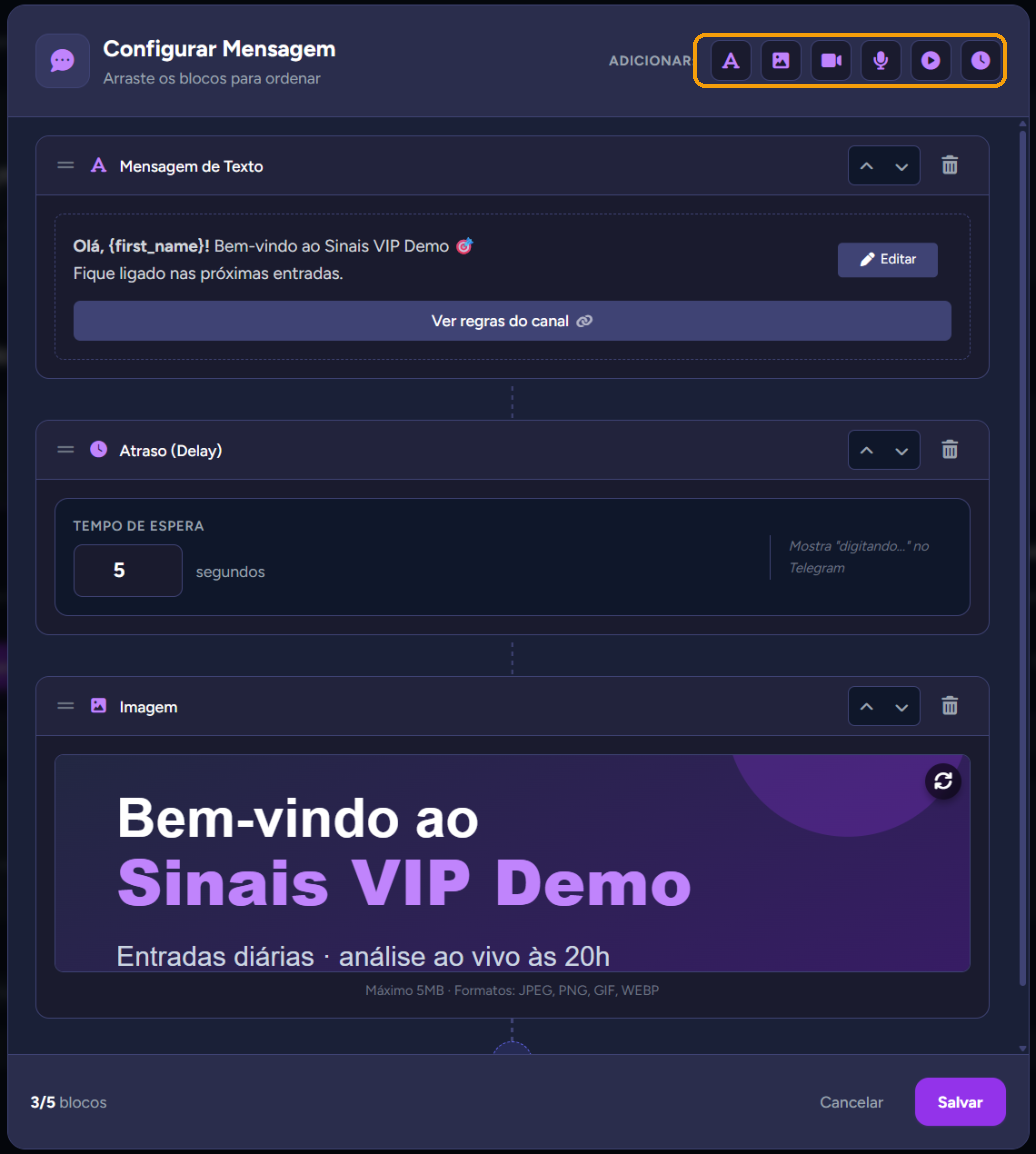 Botões de "Adicionar:" no topo do modal "Configurar Mensagem"