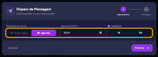 Etapa "Agendamento" com "Agendar" selecionado, data 22/10 e horário 19:00