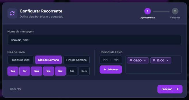 Etapa "Agendamento" com o nome, os dias de semana marcados e os horários 08:00 e 12:00