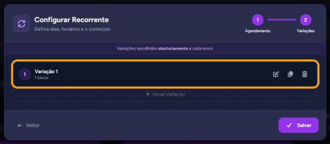 Etapa "Variações" com a Variação 1 e os botões de editar, duplicar e excluir