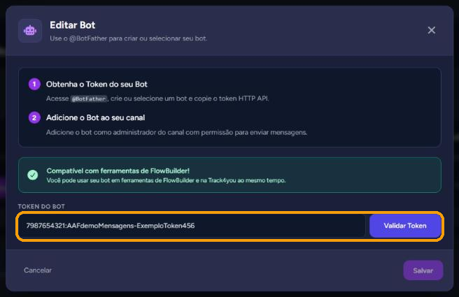 Modal do bot de mensagens com o campo "Token do Bot" e o botão "Validar Token"