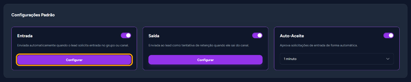Cartão "Entrada" nas Configurações Padrão com o botão "Configurar" em destaque