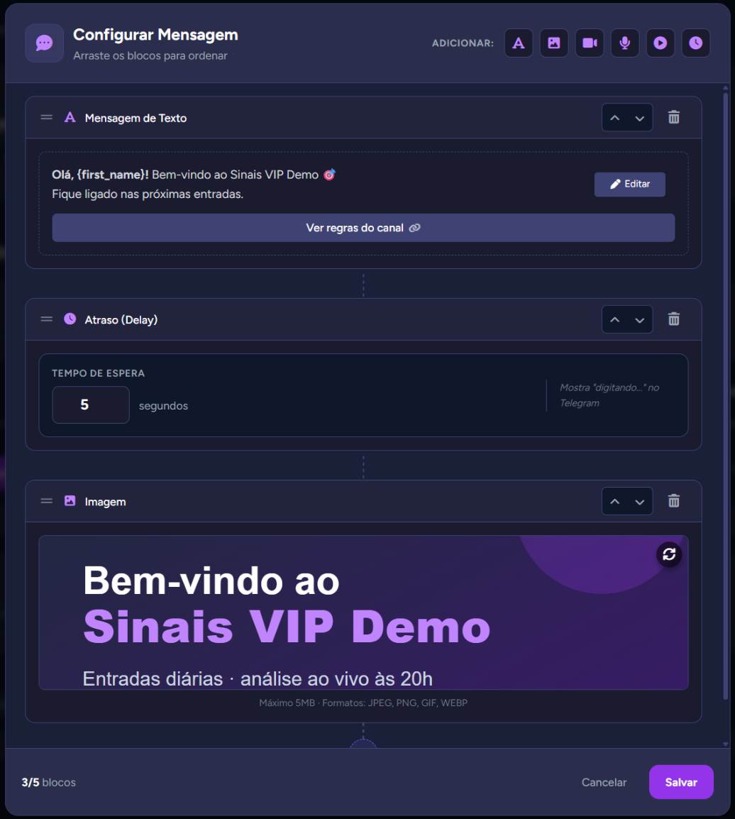 Modal "Configurar Mensagem" com um texto de boas-vindas, um delay de 5 segundos e uma imagem
