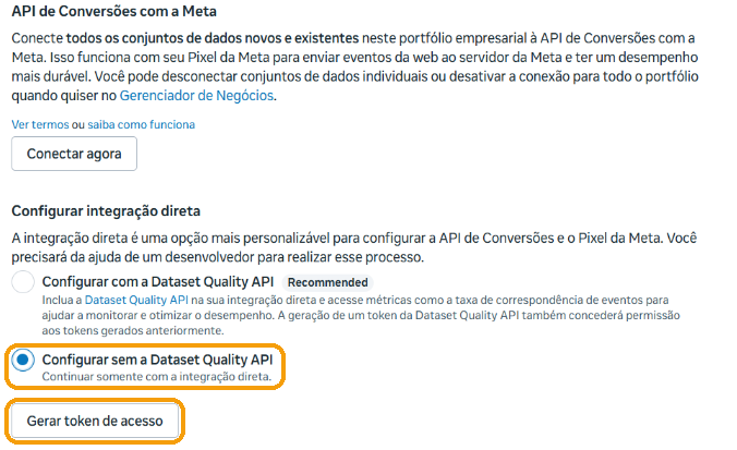 Seção da API de Conversões com a opção "Configurar sem a Dataset Quality API" marcada e o botão "Gerar token de acesso"