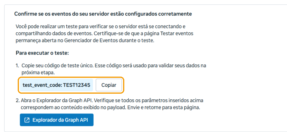 Código de teste do servidor no Gerenciador de Eventos, com o botão "Copiar"