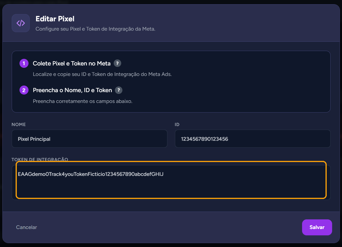 Modal "Editar Pixel" com o campo "Token de Integração" destacado