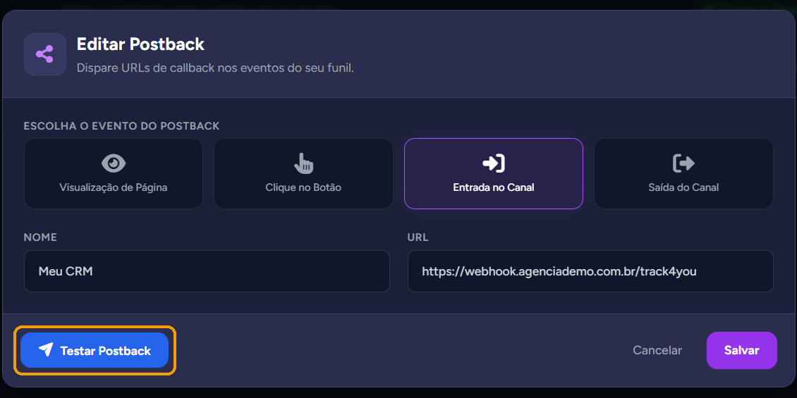 Botão "Testar Postback" em destaque