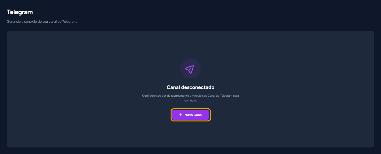 Tela Telegram com "Canal desconectado" e o botão "Novo Canal"