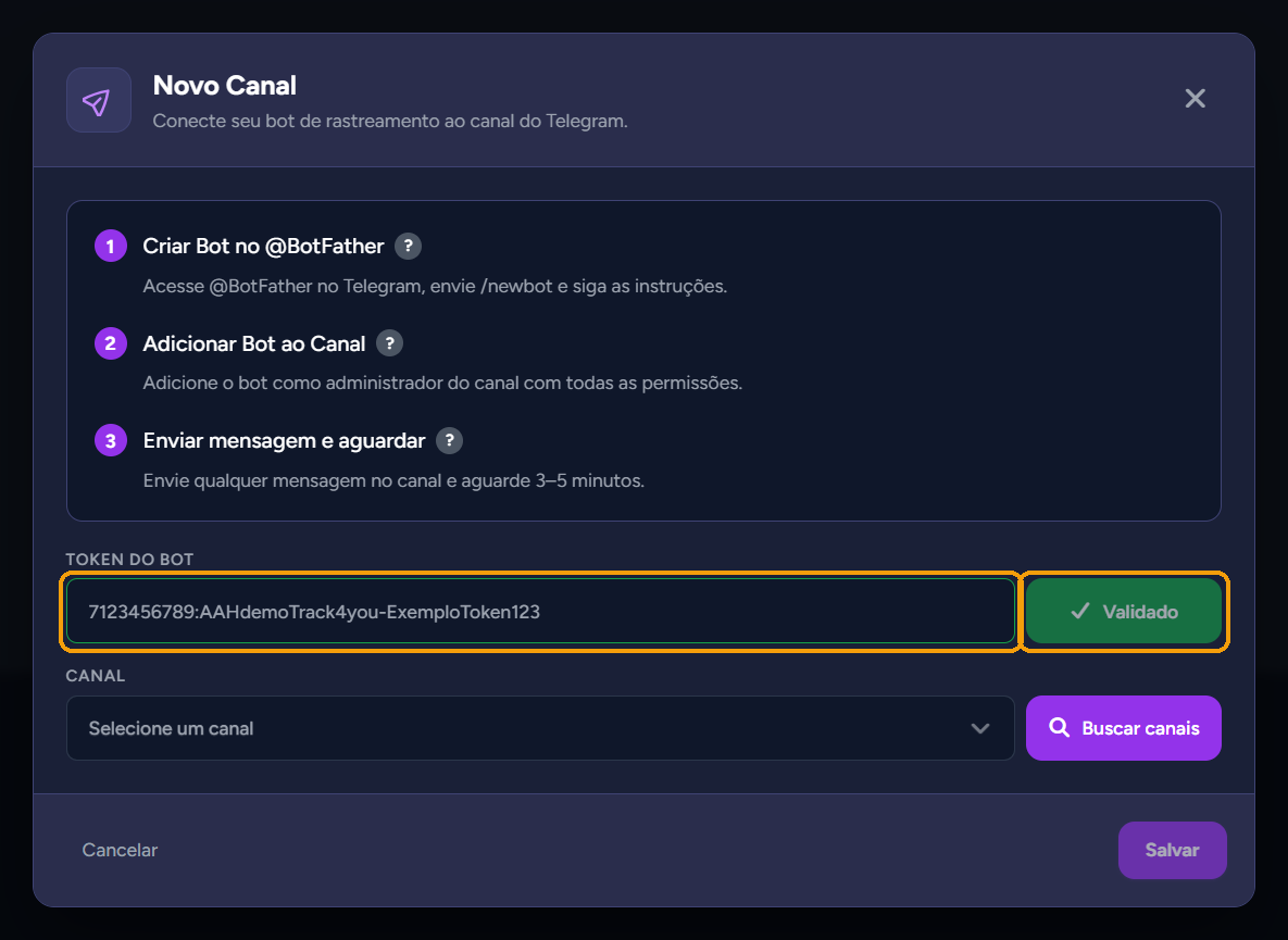 Token do bot validado, com o botão "Validado"