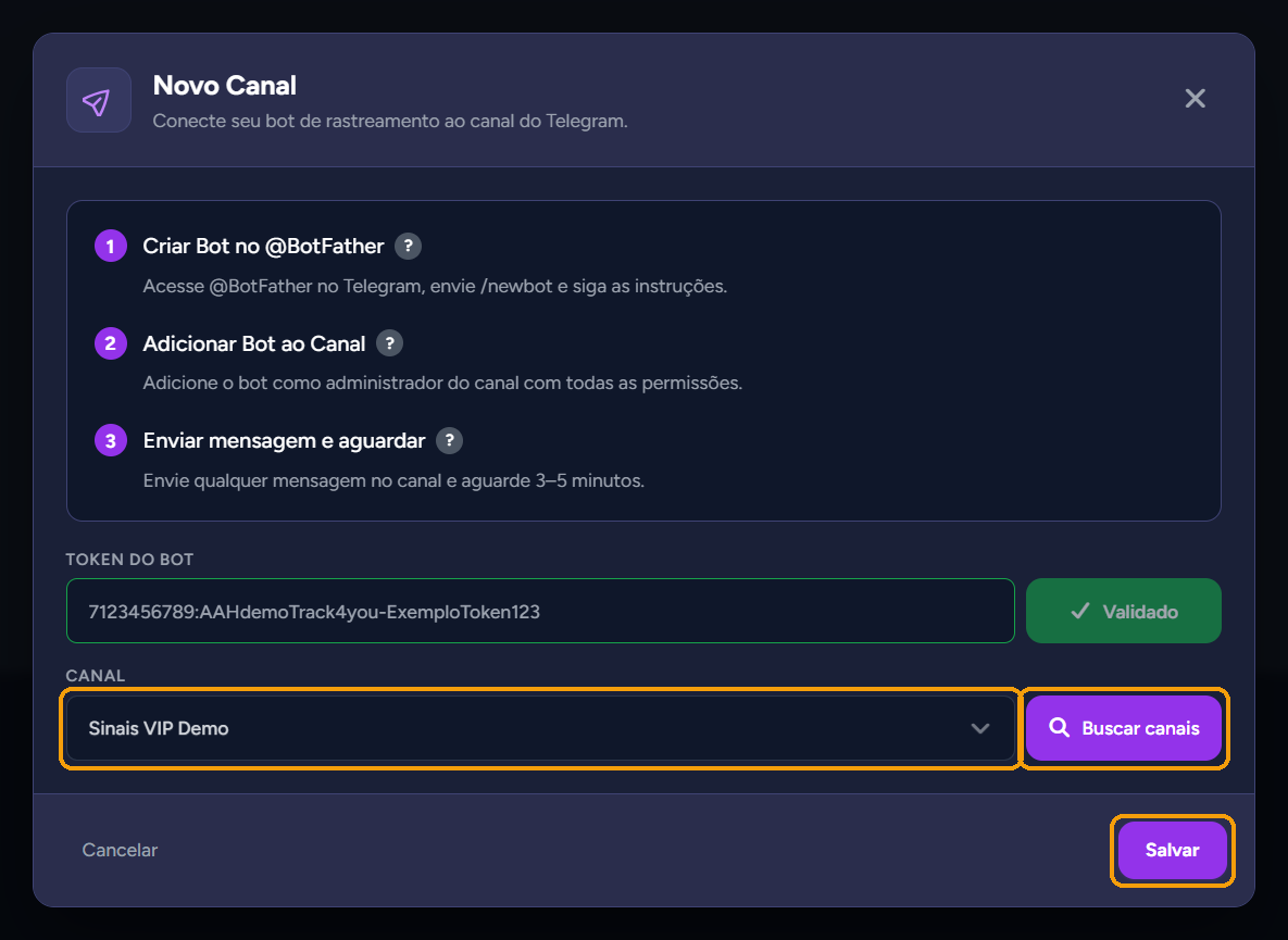 Canal "Sinais VIP Demo" escolhido e o botão "Salvar"