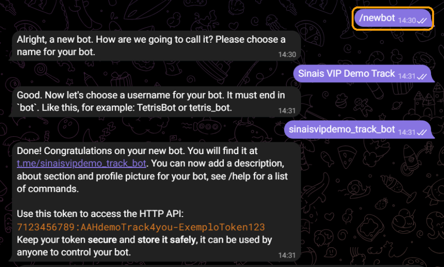 Conversa com o BotFather com o comando /newbot em destaque