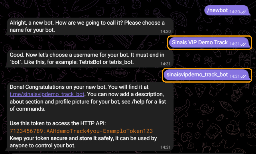 Nome e username do bot enviados ao BotFather