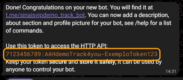 Mensagem do BotFather com o token do bot em destaque