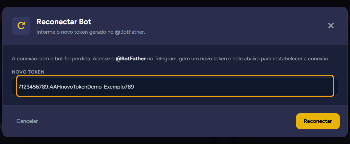 Modal "Reconectar Bot" com o campo "Novo Token" preenchido