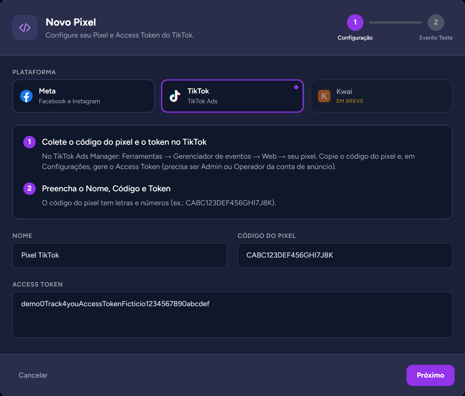 Modal "Novo Pixel" com o card "TikTok" escolhido e Nome, Código do Pixel e Access Token preenchidos
