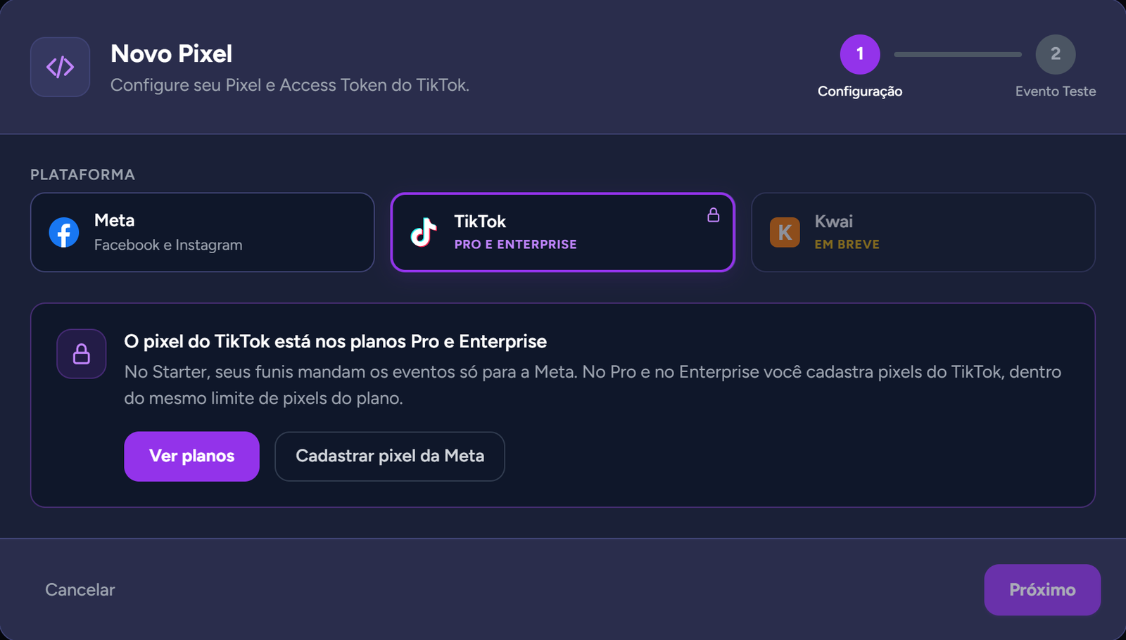 Modal "Novo Pixel" no Starter: card do TikTok com cadeado e o aviso "O pixel do TikTok está nos planos Pro e Enterprise"