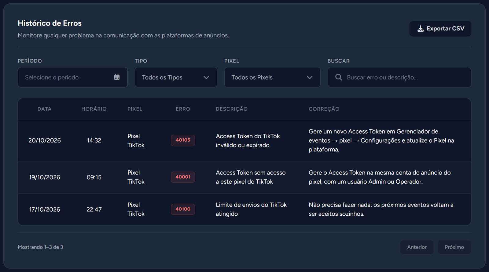 Seção "Histórico de Erros" com códigos do TikTok, descrição e correção