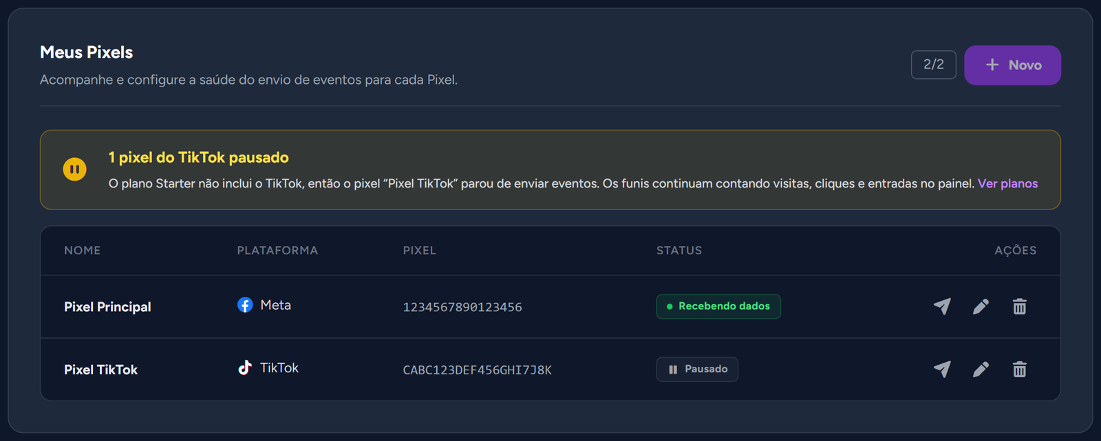 Faixa "1 pixel do TikTok pausado" e selo "Pausado" na lista "Meus Pixels"