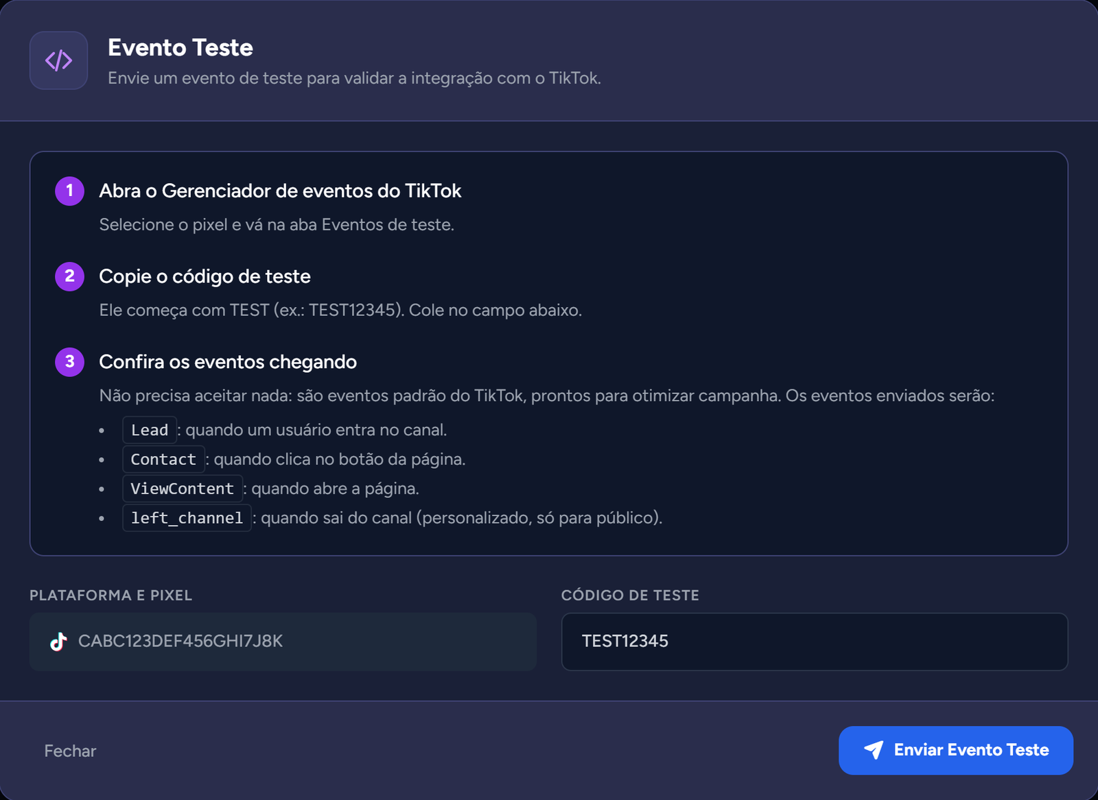 Modal "Evento Teste" do TikTok com o "Código de Teste" preenchido e a lista de eventos enviados
