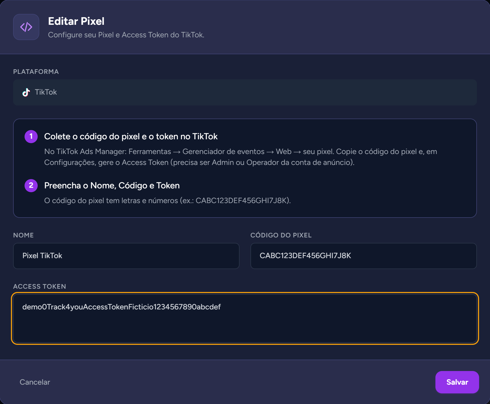 Modal "Editar Pixel" do TikTok com o campo "Access Token" destacado